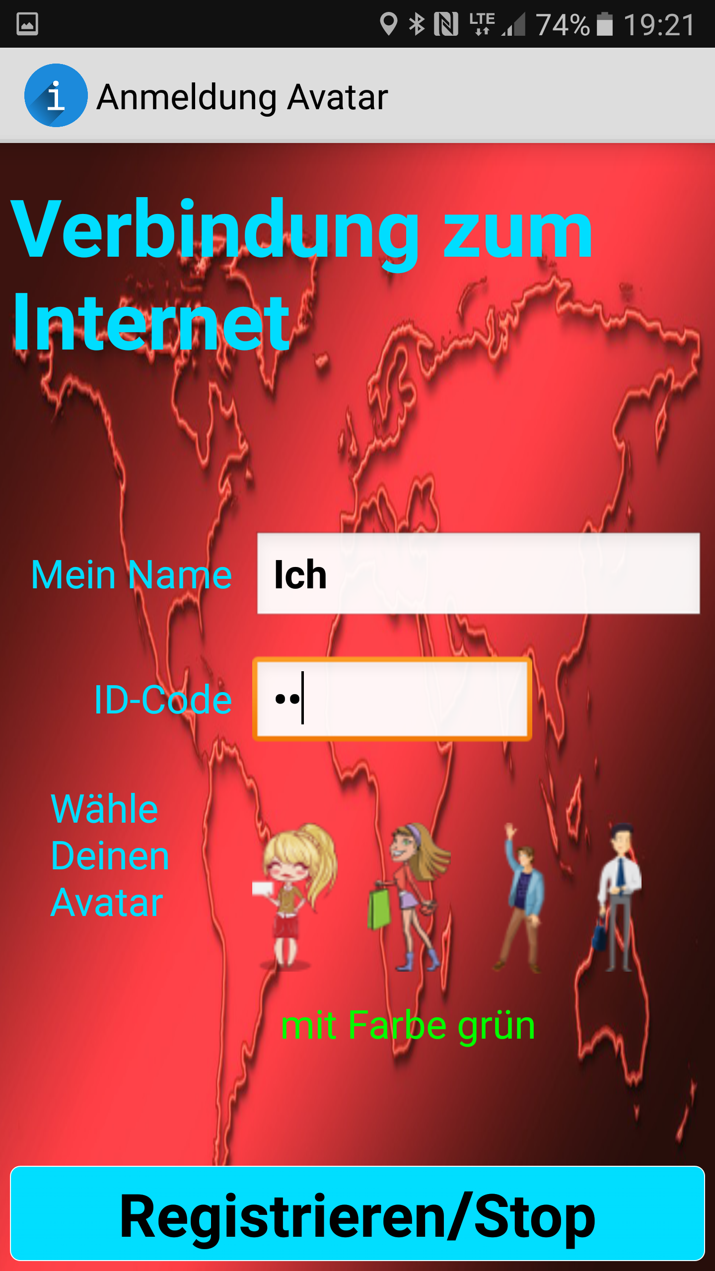 Anmeldung und Figurenauswahl
